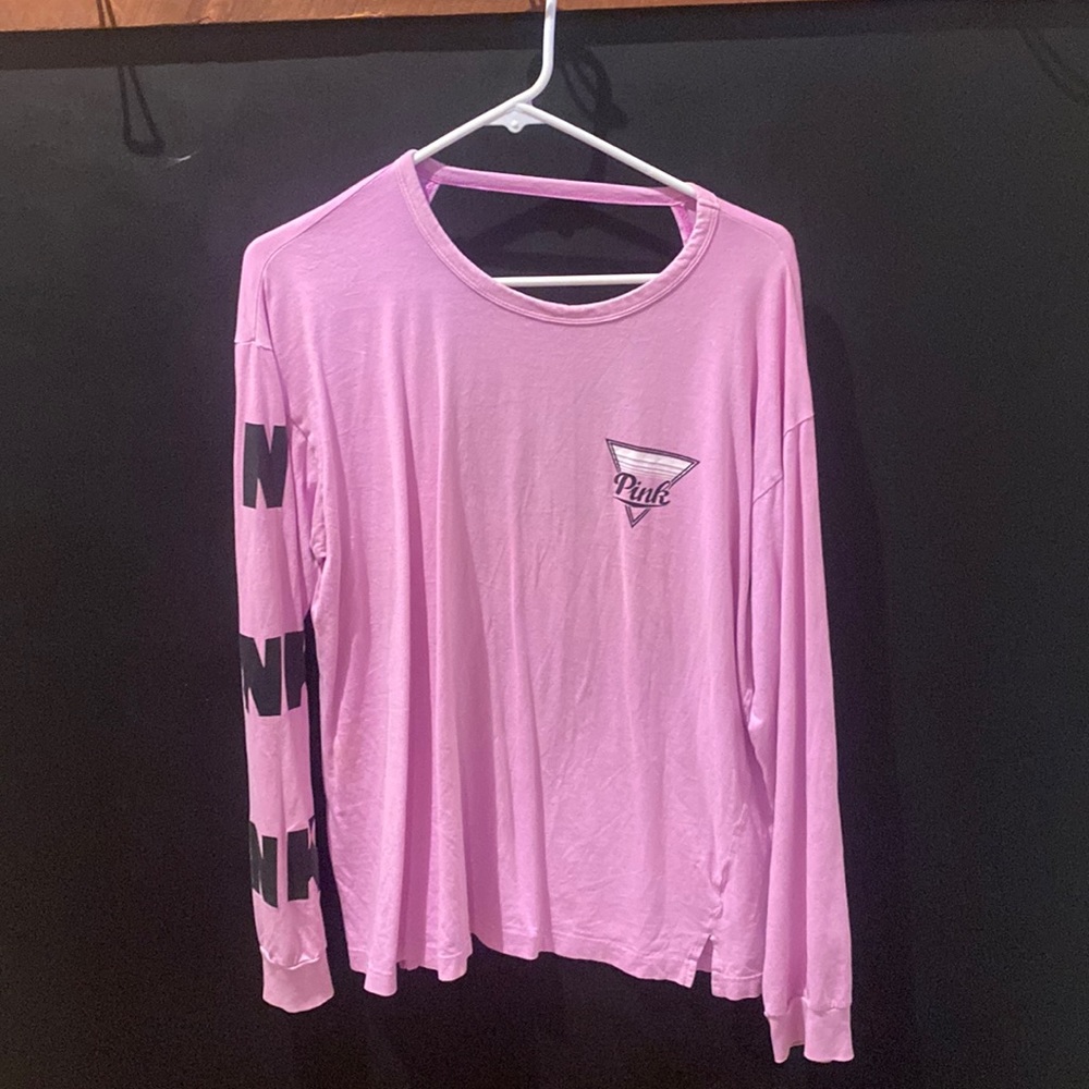 “PINK” long sleeve shirt, pink written down arm. Large